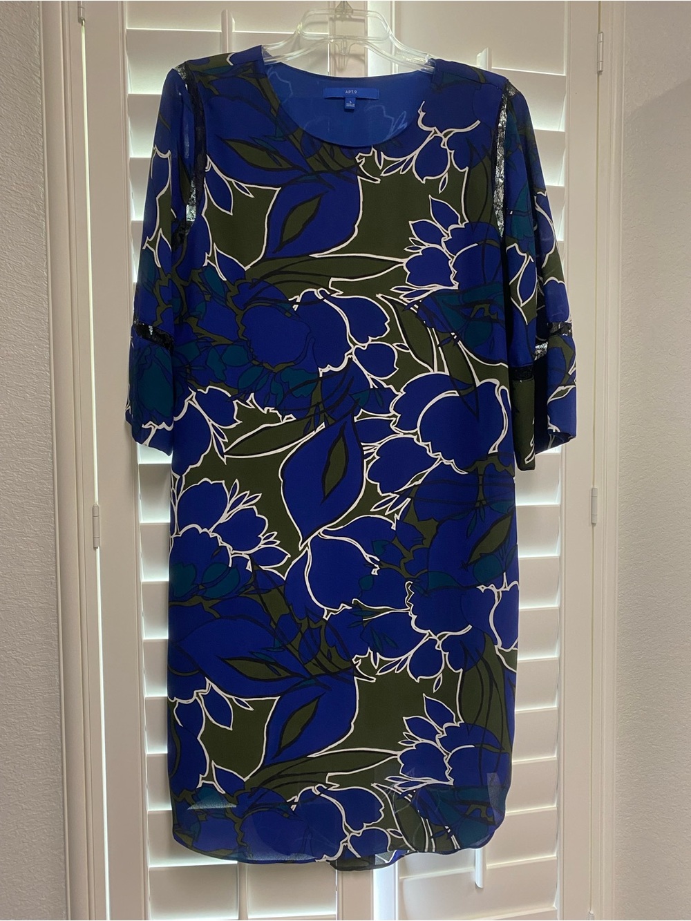Apt. 9 Royal Blue & Olive Shift Dress 3/4 Length Sleeves Double Lined Large